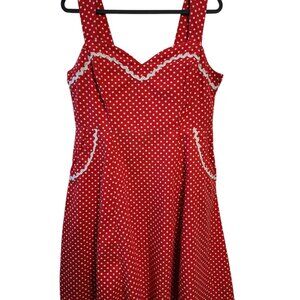 Cherry Velvet Rockabilly Pin Up Red Polka Dot Dress with Pockets Size L